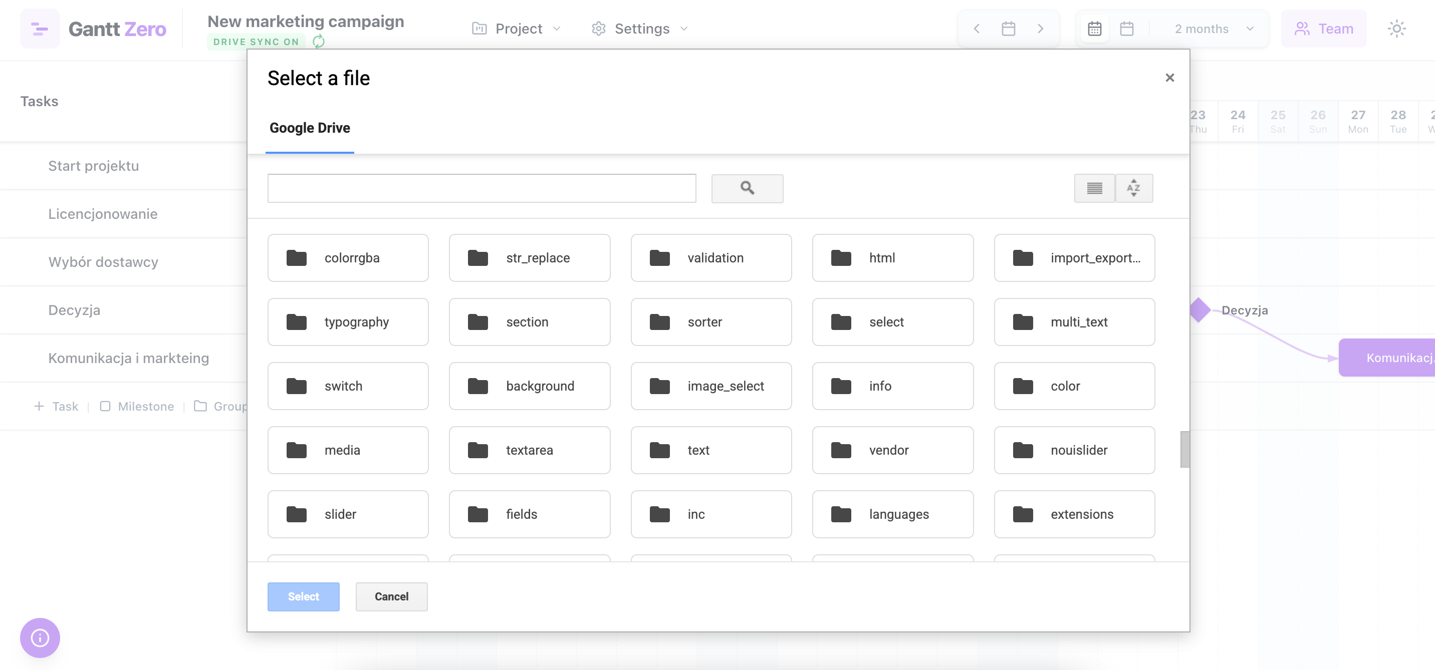 Google Drive sync in Gantt Zero: project file saved automatically to the user's own Drive