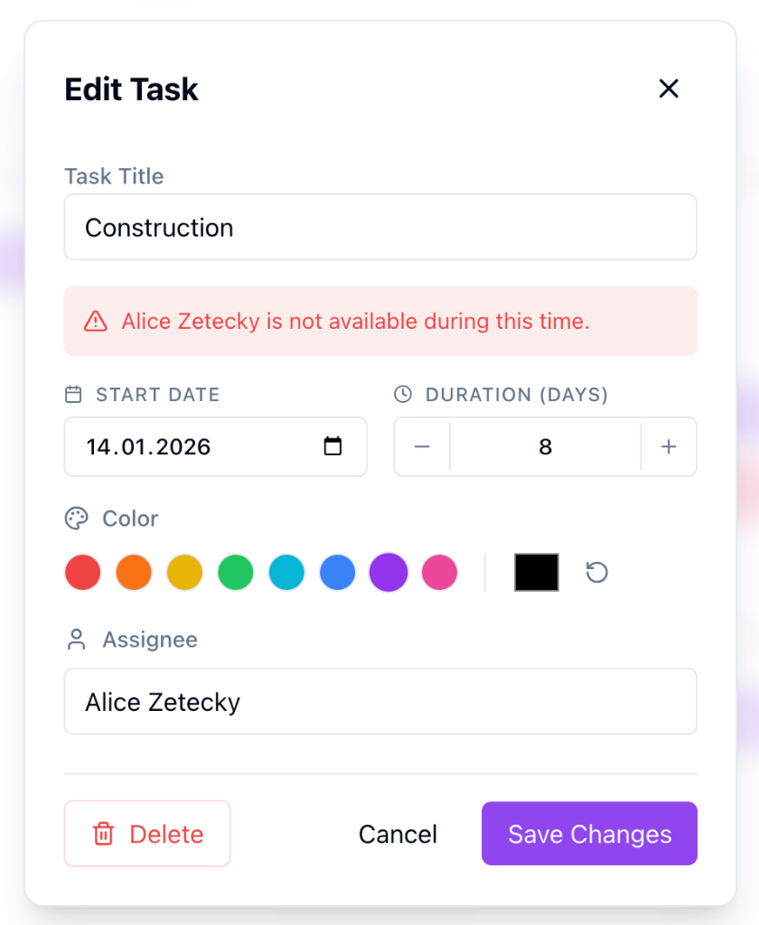 Resource conflict detection: warning when one team member is assigned to overlapping tasks
