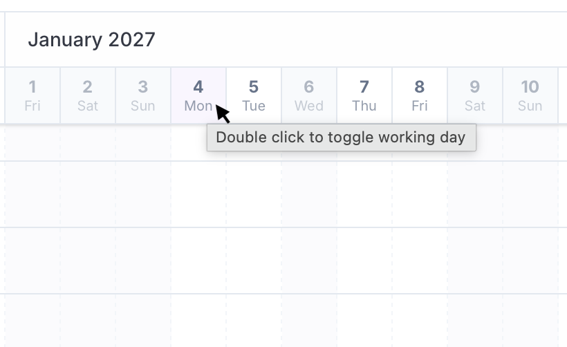 Holiday management in Gantt Zero: double-click a date in the timeline header to toggle a non-working day